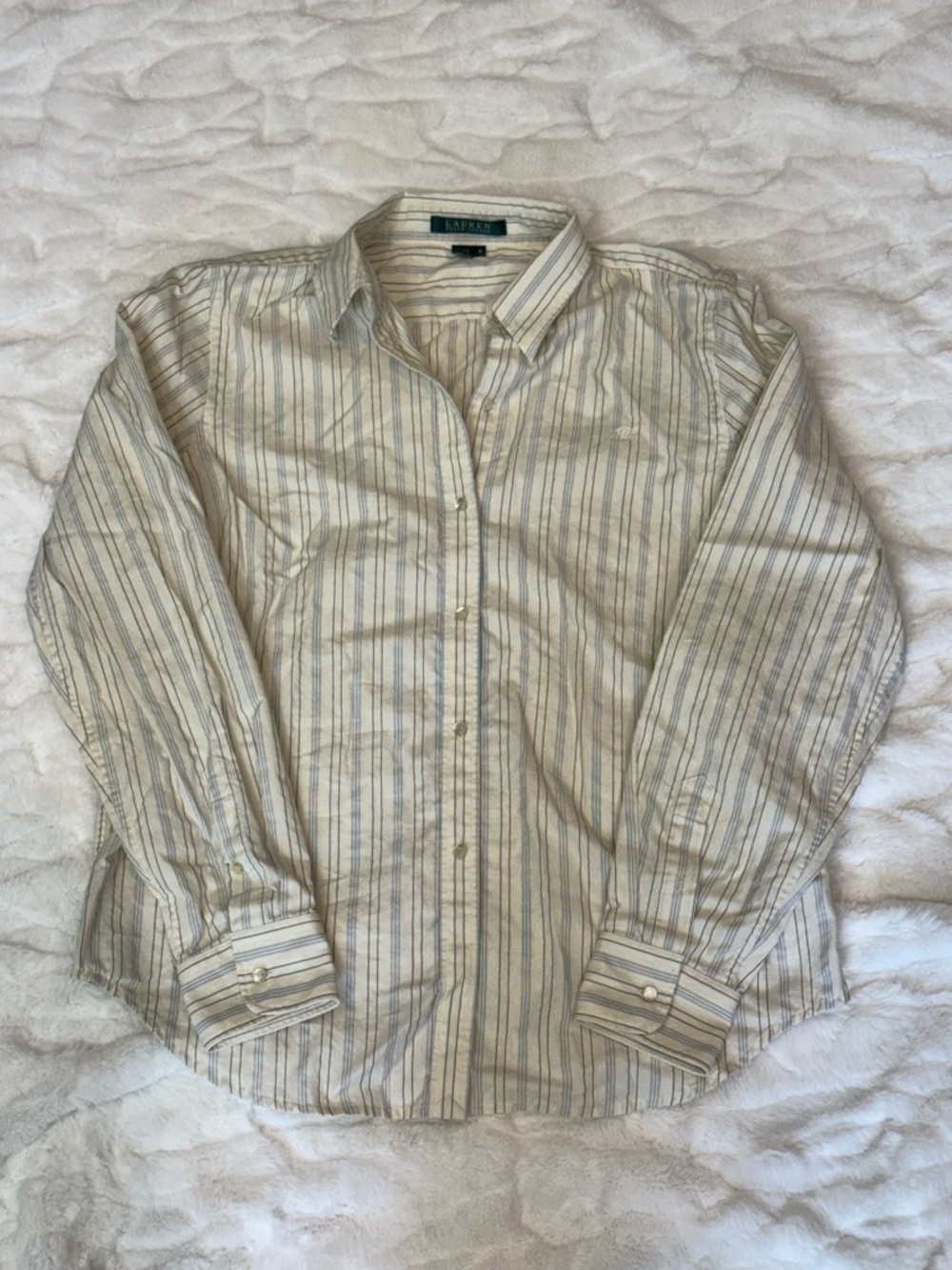 lauren Ralph Lauren Cotton Cream Stripe Textured Front Embroidered Logo Shirt